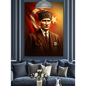 Bayrak Önünde Mustafa Kemal Atatürk Dekoratif Kanvas - Mdf Ahşap Tablo