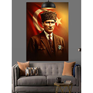 Bayrak Önünde Mustafa Kemal Atatürk Dekoratif Kanvas - Mdf Ahşap Tablo