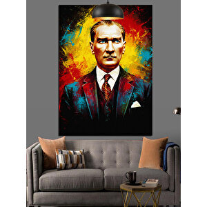Kırmızı Fonlu Mustafa Kemal Atatürk Portresi Dekoratif Kanvas - Mdf Ahşap Tablo 35x50 cm