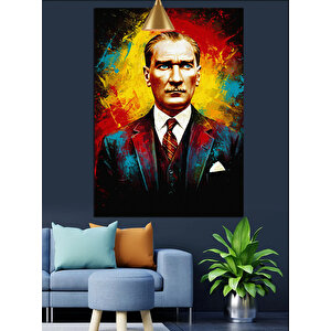 Kırmızı Fonlu Mustafa Kemal Atatürk Portresi Dekoratif Kanvas - Mdf Ahşap Tablo
