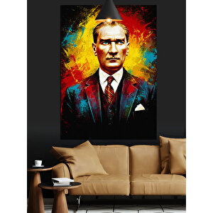 Kırmızı Fonlu Mustafa Kemal Atatürk Portresi Dekoratif Kanvas - Mdf Ahşap Tablo