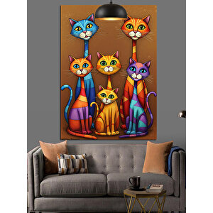 Renkli Sevimli Kedi Çizimleri Dekoratif Kanvas - Mdf Ahşap Tablo 70x100 cm