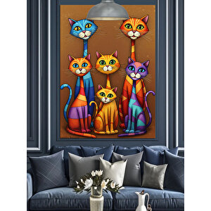 Renkli Sevimli Kedi Çizimleri Dekoratif Kanvas - Mdf Ahşap Tablo 70x100 cm