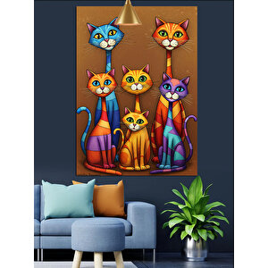 Renkli Sevimli Kedi Çizimleri Dekoratif Kanvas - Mdf Ahşap Tablo 25x35 cm
