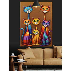 Renkli Sevimli Kedi Çizimleri Dekoratif Kanvas - Mdf Ahşap Tablo