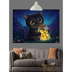 Işık Dolu Siyah Kedi Dekoratif Kanvas - Mdf Ahşap Tablo 50x70 cm