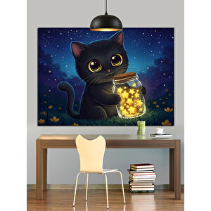 Işık Dolu Siyah Kedi Dekoratif Kanvas - Mdf Ahşap Tablo 50x70 cm