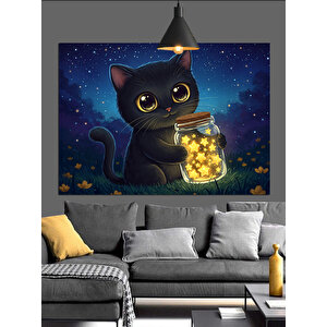 Işık Dolu Siyah Kedi Dekoratif Kanvas - Mdf Ahşap Tablo 70x100 cm