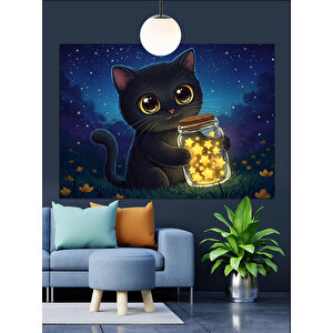 Işık Dolu Siyah Kedi Dekoratif Kanvas - Mdf Ahşap Tablo