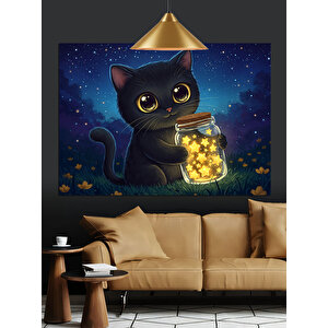 Işık Dolu Siyah Kedi Dekoratif Kanvas - Mdf Ahşap Tablo