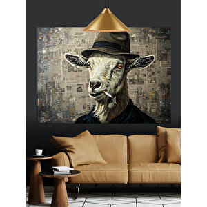 Şapkalı Sigara İçen Keçi Dekoratif Kanvas - Mdf Ahşap Tablo 50x70 cm