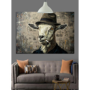 Şapkalı Sigara İçen Keçi Dekoratif Kanvas - Mdf Ahşap Tablo