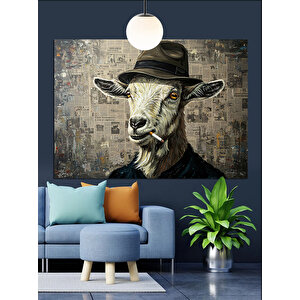 Şapkalı Sigara İçen Keçi Dekoratif Kanvas - Mdf Ahşap Tablo 70x100 cm