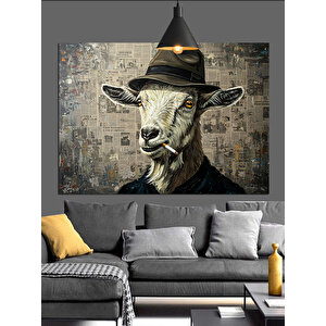Şapkalı Sigara İçen Keçi Dekoratif Kanvas - Mdf Ahşap Tablo 70x100 cm