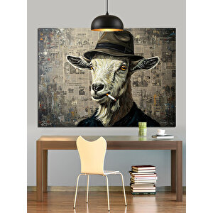 Şapkalı Sigara İçen Keçi Dekoratif Kanvas - Mdf Ahşap Tablo