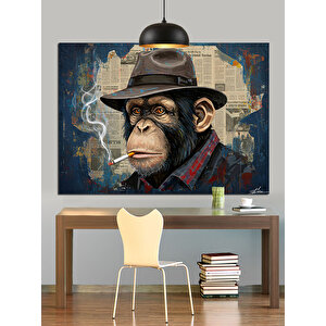 Şapkalı Sigara İçen Maymun Dekoratif Kanvas - Mdf Ahşap Tablo 35x50 cm