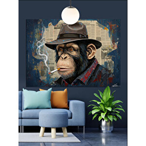 Şapkalı Sigara İçen Maymun Dekoratif Kanvas - Mdf Ahşap Tablo 35x50 cm