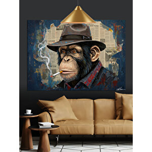 Şapkalı Sigara İçen Maymun Dekoratif Kanvas - Mdf Ahşap Tablo 35x50 cm