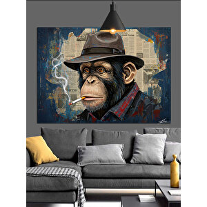 Şapkalı Sigara İçen Maymun Dekoratif Kanvas - Mdf Ahşap Tablo