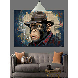 Şapkalı Sigara İçen Maymun Dekoratif Kanvas - Mdf Ahşap Tablo