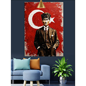 Kırmızı Bayraklı Mustafa Kemal Atatürk Tablosu Dekoratif Kanvas - Mdf Ahşap Tablo 70x100 cm