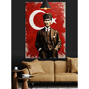 Kırmızı Bayraklı Mustafa Kemal Atatürk Tablosu Dekoratif Kanvas - Mdf Ahşap Tablo 70x100 cm