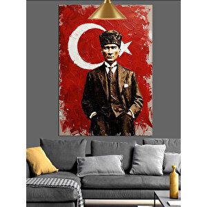 Kırmızı Bayraklı Mustafa Kemal Atatürk Tablosu Dekoratif Kanvas - Mdf Ahşap Tablo 70x100 cm