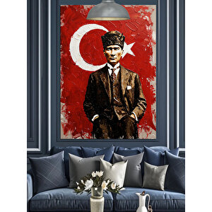 Kırmızı Bayraklı Mustafa Kemal Atatürk Tablosu Dekoratif Kanvas - Mdf Ahşap Tablo