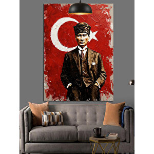 Kırmızı Bayraklı Mustafa Kemal Atatürk Tablosu Dekoratif Kanvas - Mdf Ahşap Tablo