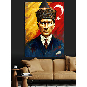 Bayrak Önünde Mustafa Kemal Atatürk Dekoratif Kanvas - Mdf Ahşap Tablo