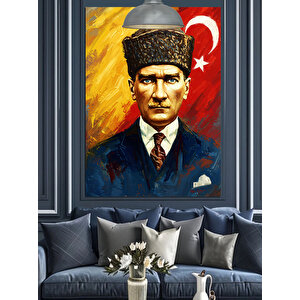 Bayrak Önünde Mustafa Kemal Atatürk Dekoratif Kanvas - Mdf Ahşap Tablo 70x100 cm
