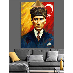 Bayrak Önünde Mustafa Kemal Atatürk Dekoratif Kanvas - Mdf Ahşap Tablo 70x100 cm