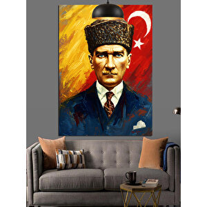 Bayrak Önünde Mustafa Kemal Atatürk Dekoratif Kanvas - Mdf Ahşap Tablo 70x100 cm