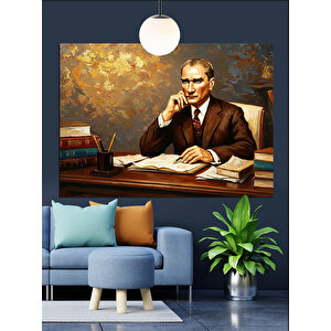 Masanın Başında Mustafa Kemal Atatürk Dekoratif Kanvas - Mdf Ahşap Tablo