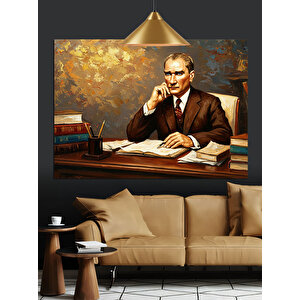 Masanın Başında Mustafa Kemal Atatürk Dekoratif Kanvas - Mdf Ahşap Tablo