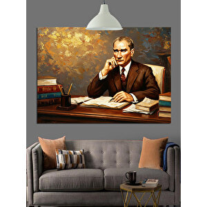 Masanın Başında Mustafa Kemal Atatürk Dekoratif Kanvas - Mdf Ahşap Tablo 25x35 cm