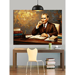 Masanın Başında Mustafa Kemal Atatürk Dekoratif Kanvas - Mdf Ahşap Tablo 25x35 cm