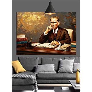 Masanın Başında Mustafa Kemal Atatürk Dekoratif Kanvas - Mdf Ahşap Tablo 70x100 cm