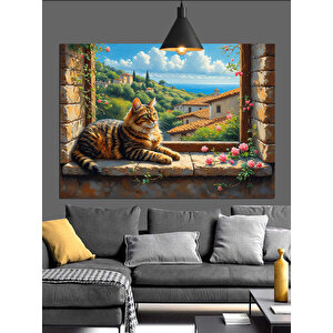 Pencereden Bakan Kedi Dekoratif Kanvas - Mdf Ahşap Tablo 70x100 cm