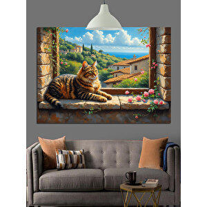 Pencereden Bakan Kedi Dekoratif Kanvas - Mdf Ahşap Tablo 70x100 cm