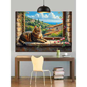 Pencereden Bakan Kedi Dekoratif Kanvas - Mdf Ahşap Tablo 70x100 cm