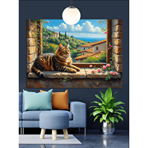 Pencereden Bakan Kedi Dekoratif Kanvas - Mdf Ahşap Tablo