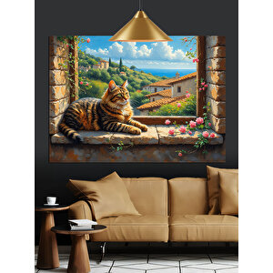 Pencereden Bakan Kedi Dekoratif Kanvas - Mdf Ahşap Tablo