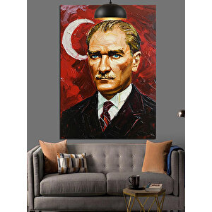 Kırmızı Fonlu Yağlıboya Mustafa Kemal Atatürk Dekoratif Kanvas - Mdf Ahşap Tablo 50x70 cm
