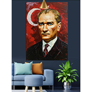 Kırmızı Fonlu Yağlıboya Mustafa Kemal Atatürk Dekoratif Kanvas - Mdf Ahşap Tablo 50x70 cm