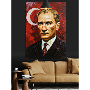 Kırmızı Fonlu Yağlıboya Mustafa Kemal Atatürk Dekoratif Kanvas - Mdf Ahşap Tablo 50x70 cm