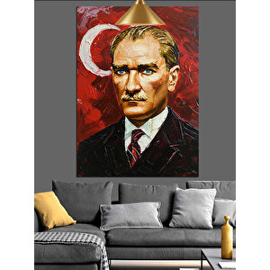 Kırmızı Fonlu Yağlıboya Mustafa Kemal Atatürk Dekoratif Kanvas - Mdf Ahşap Tablo