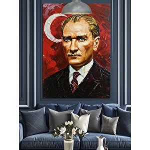 Kırmızı Fonlu Yağlıboya Mustafa Kemal Atatürk Dekoratif Kanvas - Mdf Ahşap Tablo
