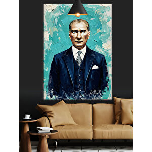 Mavi Fonlu Mustafa Kemal Atatürk Portresi Dekoratif Kanvas - Mdf Ahşap Tablo 35x50 cm