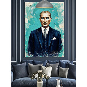 Mavi Fonlu Mustafa Kemal Atatürk Portresi Dekoratif Kanvas - Mdf Ahşap Tablo
